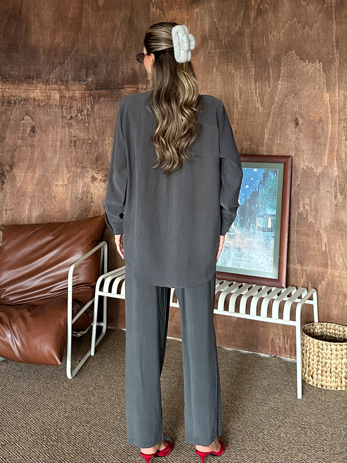 Çiçek İşlemeli Oversize Cupro Gömlek #2209